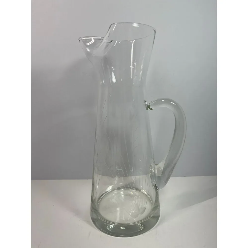 Vintage MCM Atomic Starburst Etched Glass Cocktail Pitcher Carafe 10